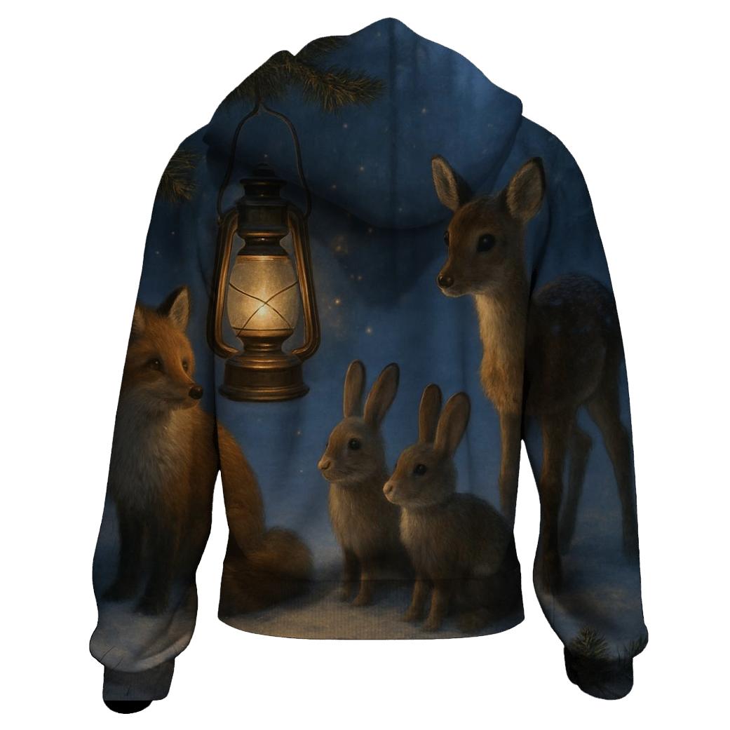 Lantern In A Forest Clearing With Winter Animals embroidered hoodies