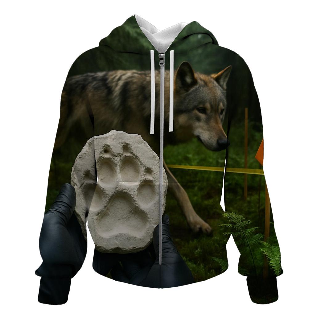 Forest Regeneration Plot With Wolf Track Cast zip-up hoodies