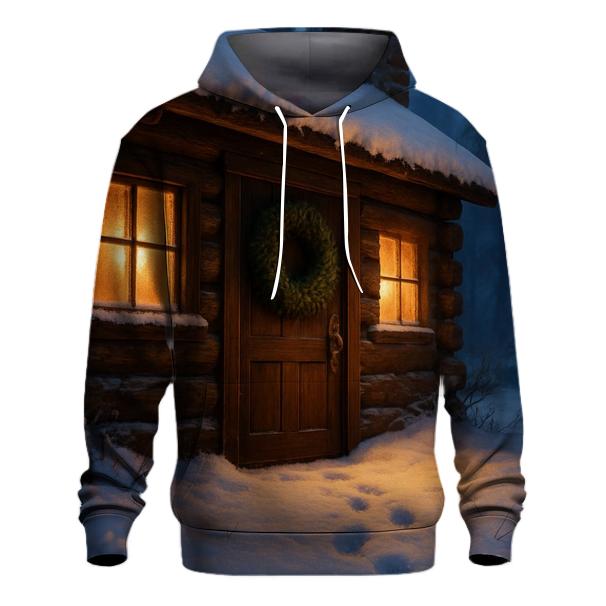 Snowy Cabin Door With Wreath And Warm Footprints pullover hoodies