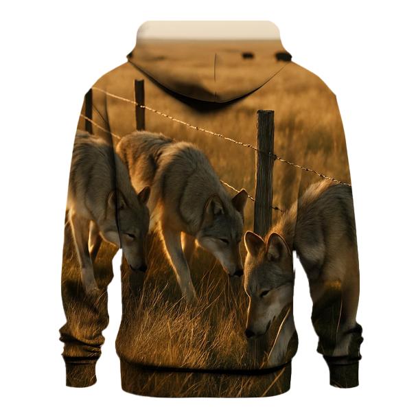 Wolf Pack Pause On Rewilded Prairie Fence Line lightweight hoodies
