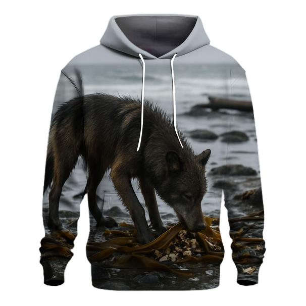 Coastal Wolf Foraging Among Kelp Wrack premium hoodies