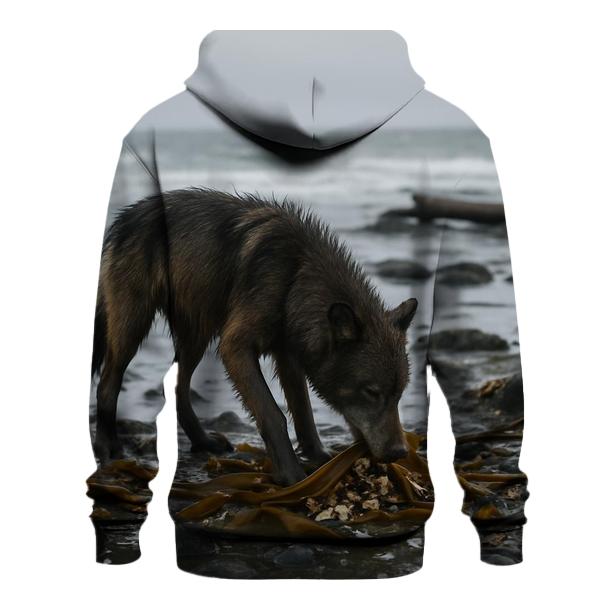 Coastal Wolf Foraging Among Kelp Wrack premium hoodies
