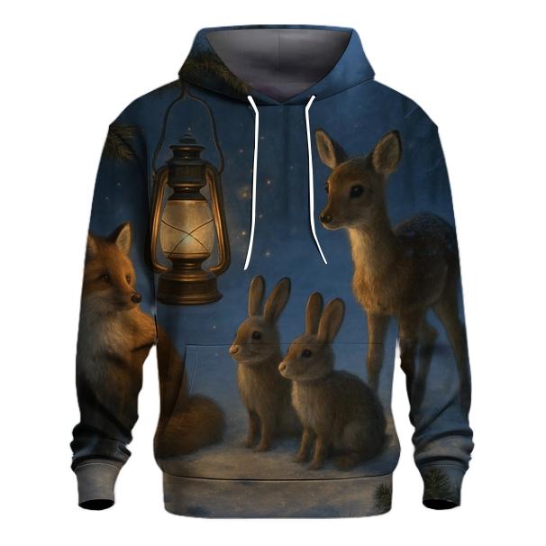 Lantern In A Forest Clearing With Winter Animals graphic hoodies