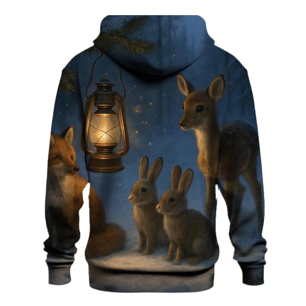 Lantern In A Forest Clearing With Winter Animals graphic hoodies