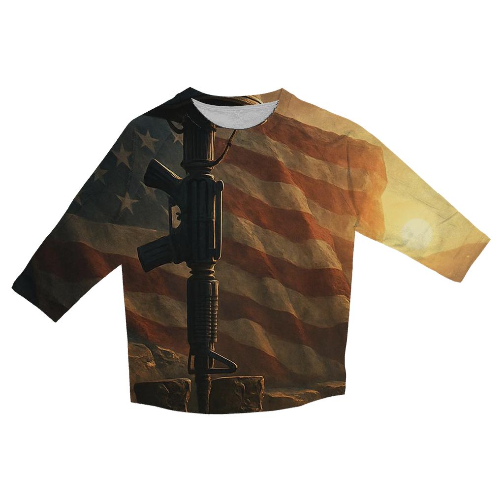 Fallen Rifle Vigil In Crimson Dawn printed three quarter sleeve shirts