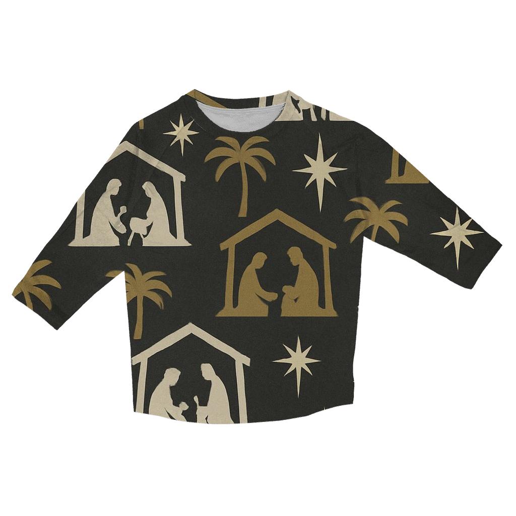 Midnight Nativity Silhouette Repeat On Charcoal Background personalized 3/4 sleeve tees