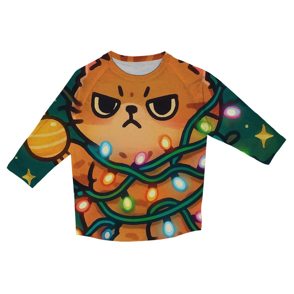 Christmas Cat Tangled In Lights printed three quarter sleeve shirts
