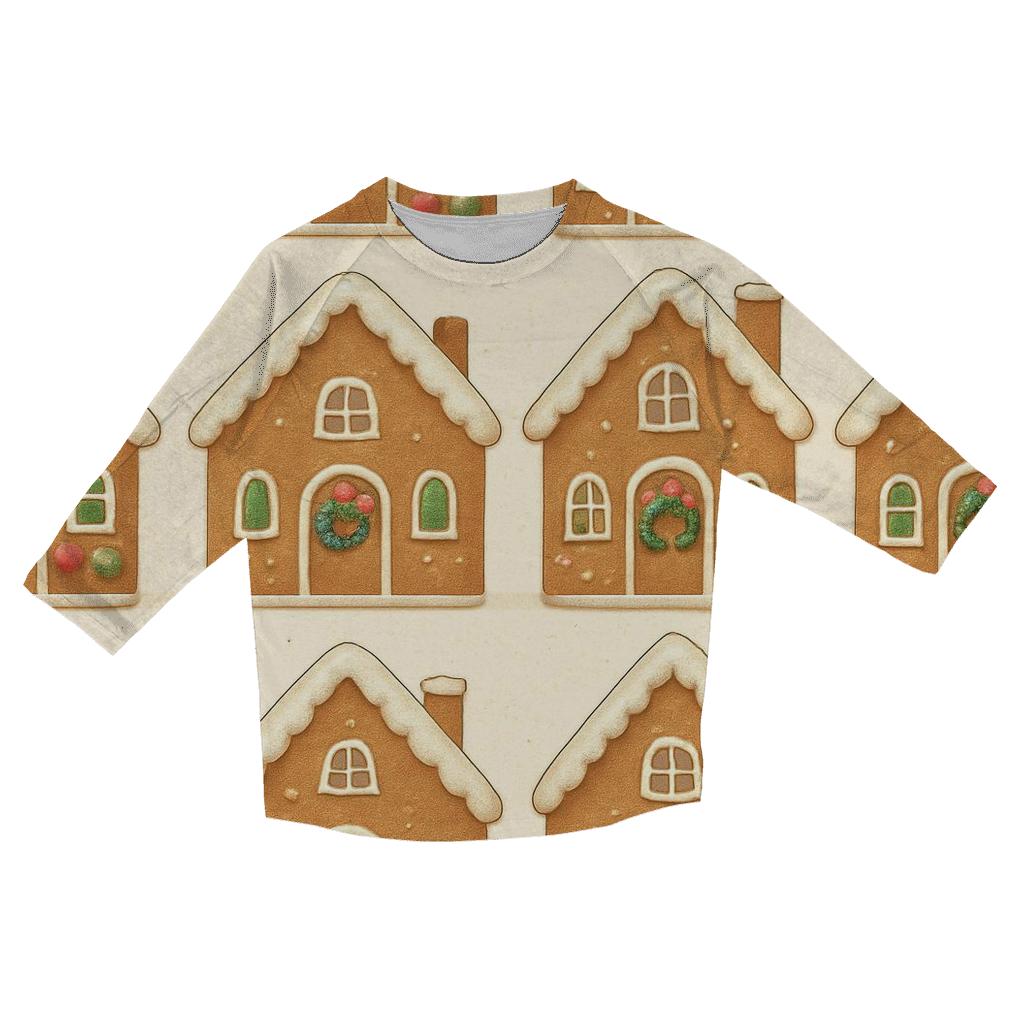 Gingerbread House Row Repeat On Cream Background personalized 3/4 sleeve tees