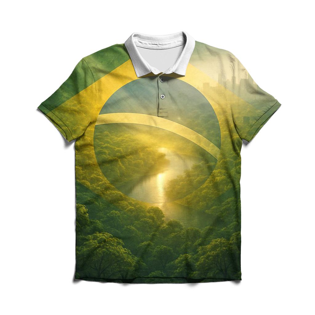 Brazil Double Exposure Flag Rainforest Pulse premium cotton polo shirts