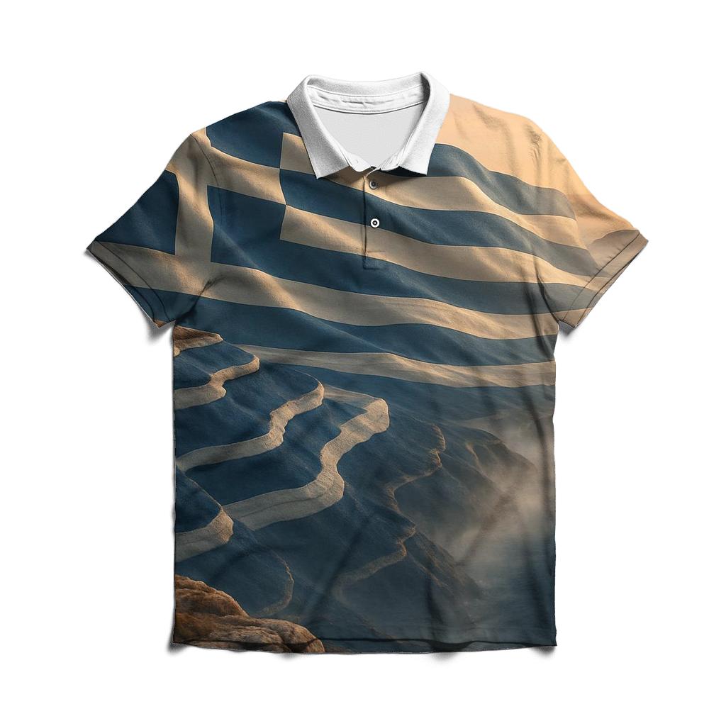 Greece Fabric Flag Over Aegean Cliffs designer slim fit polos