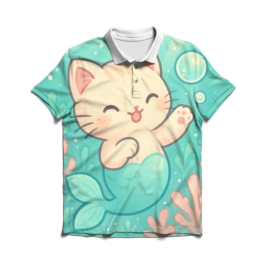 Bubble Reef Mermaid Kitten embroidered polo tops