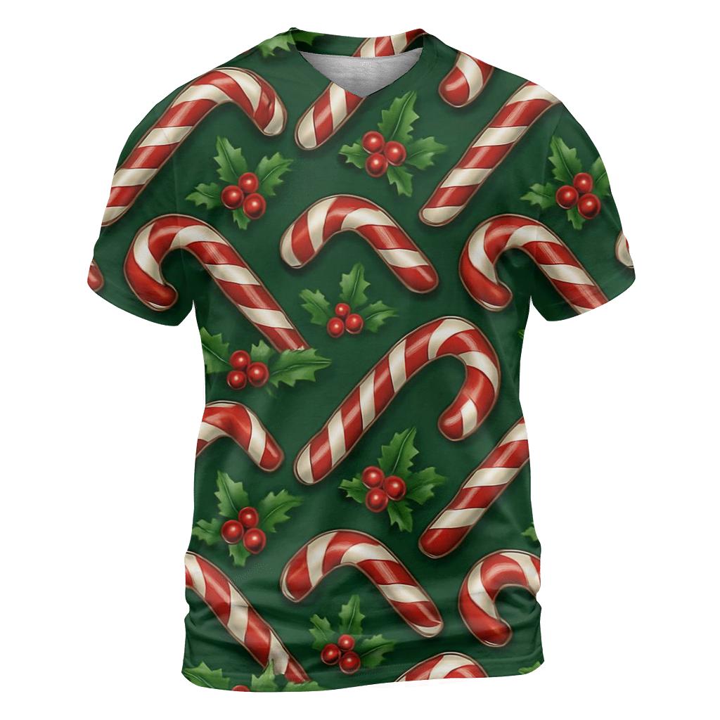 Crimson Candy Cane Chevron On Deep Pine Background artistic all-over print tops