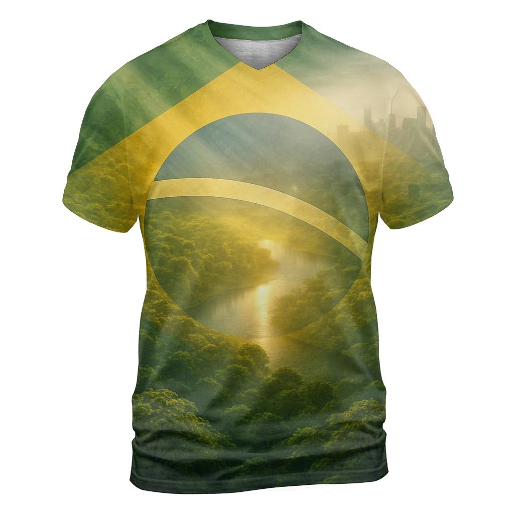 Brazil Double Exposure Flag Rainforest Pulse designer pattern shirts