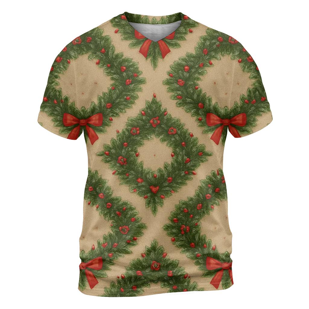 Holiday Wreath Rosette Tessellation On Warm Beige Background designer pattern shirts