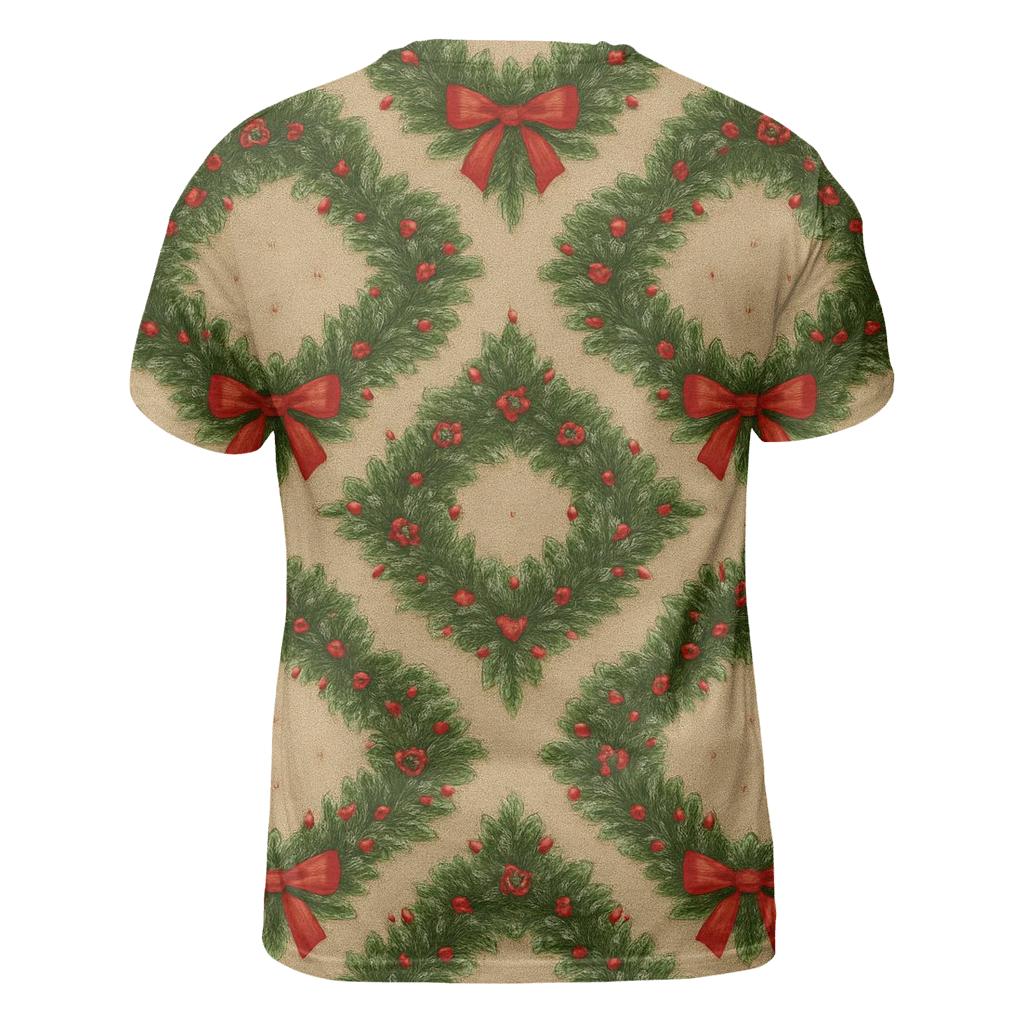 Holiday Wreath Rosette Tessellation On Warm Beige Background designer pattern shirts
