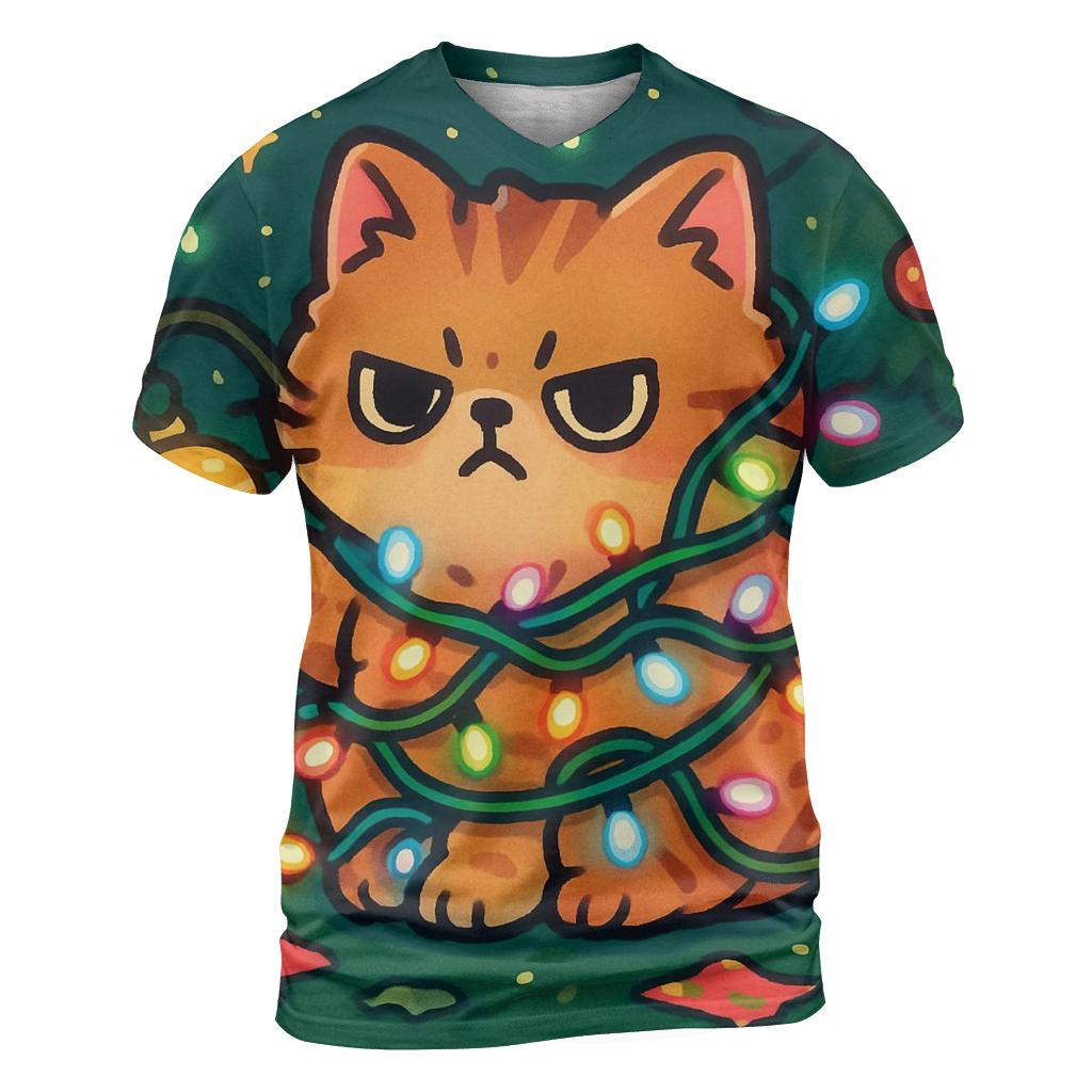Christmas Cat Tangled In Lights creative print fashion shirts