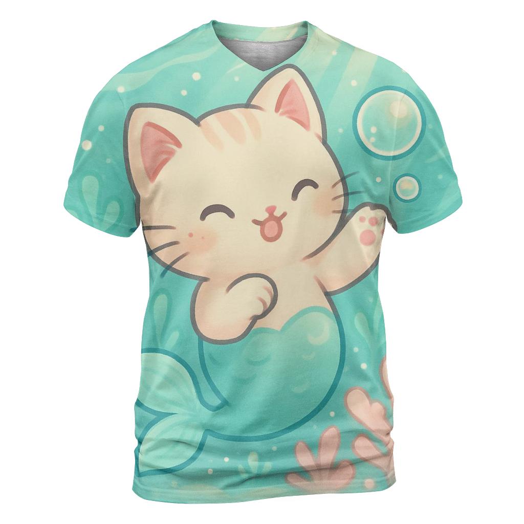 Bubble Reef Mermaid Kitten artistic all-over print tops