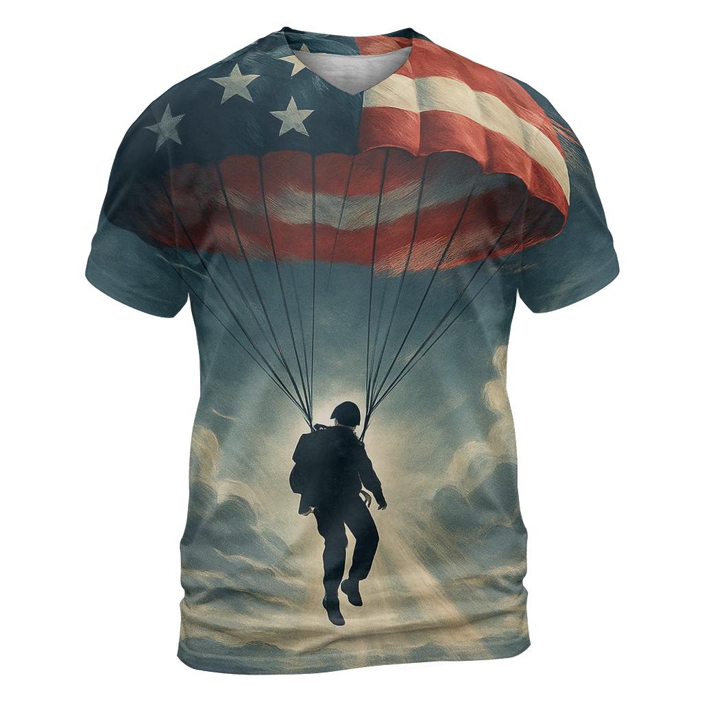 Paratrooper Descent Through Flag Colored Cloudbreak statement graphic shirts