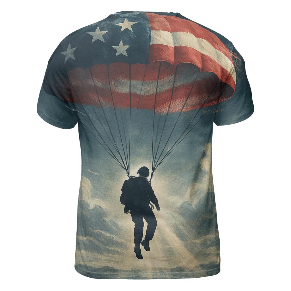 Paratrooper Descent Through Flag Colored Cloudbreak statement graphic shirts