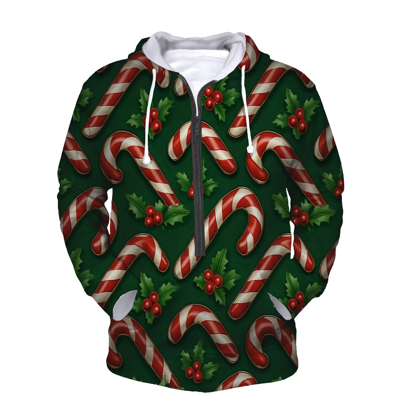 Crimson Candy Cane Chevron On Deep Pine Background embroidered hoodies