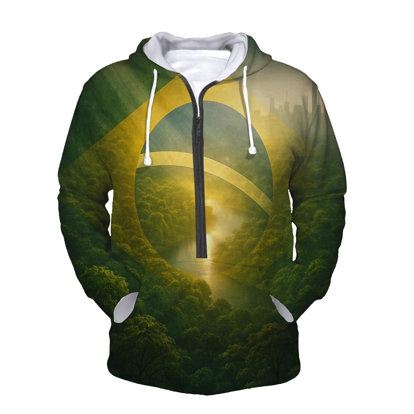 Brazil Double Exposure Flag Rainforest Pulse graphic hoodies