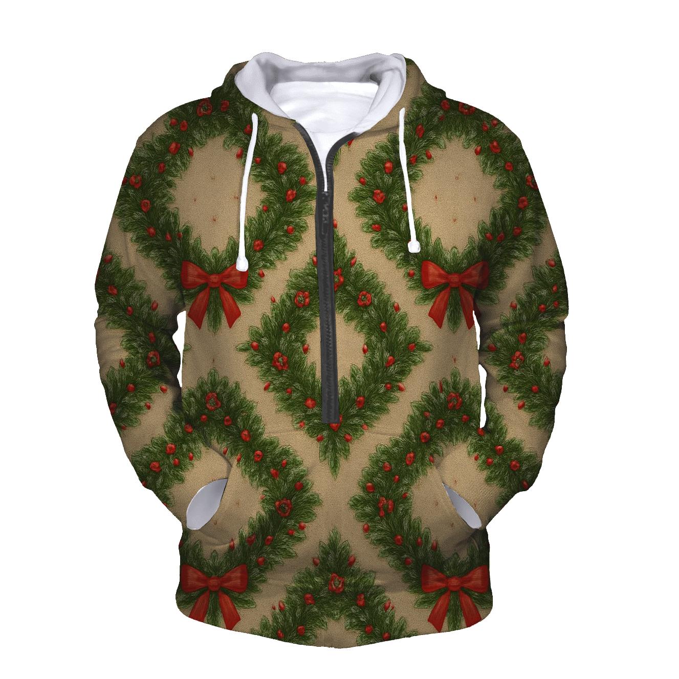Holiday Wreath Rosette Tessellation On Warm Beige Background embroidered hoodies