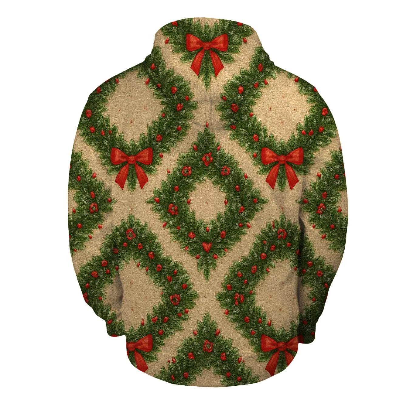 Holiday Wreath Rosette Tessellation On Warm Beige Background embroidered hoodies