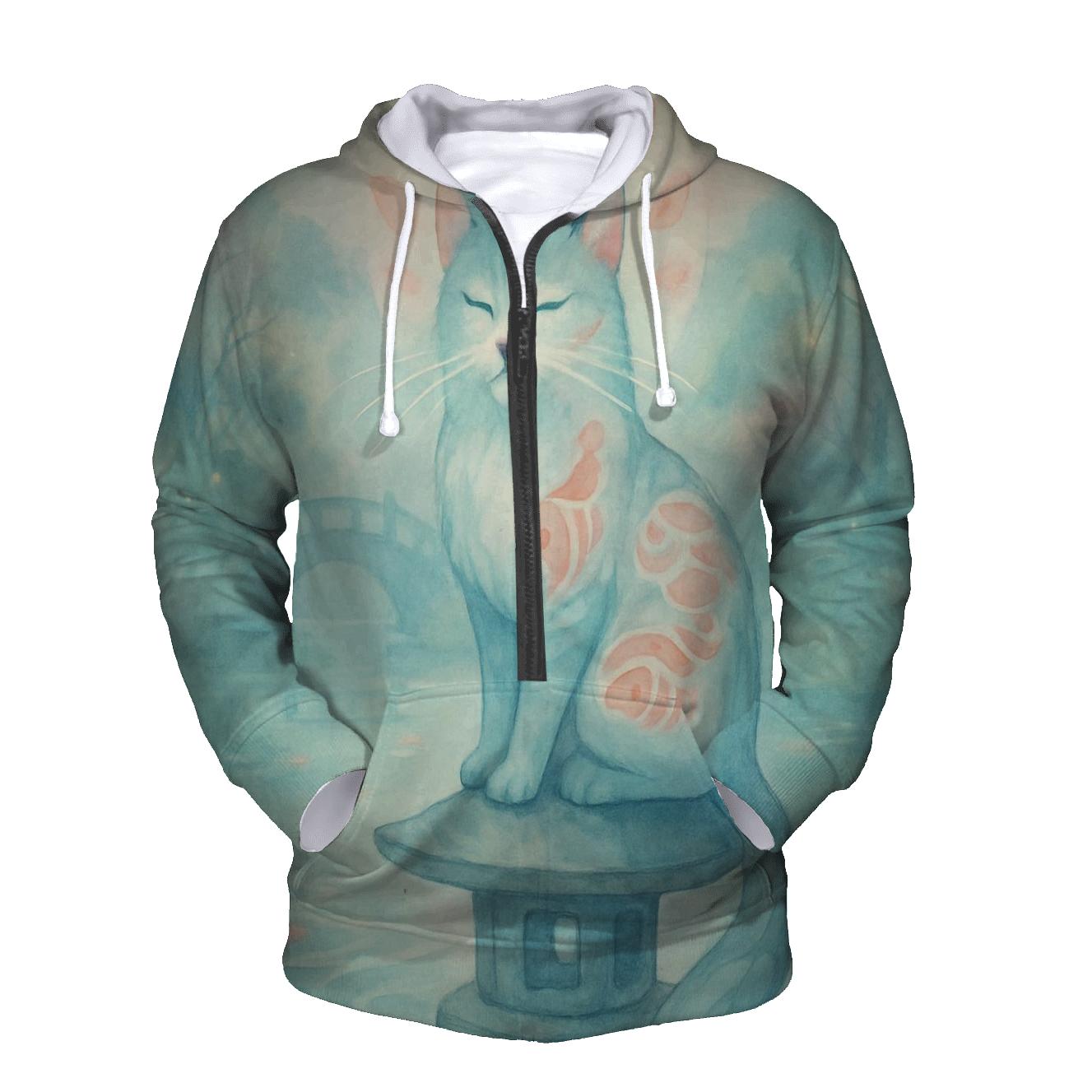 Moonlit Koi Garden Guardian Cat premium hoodies