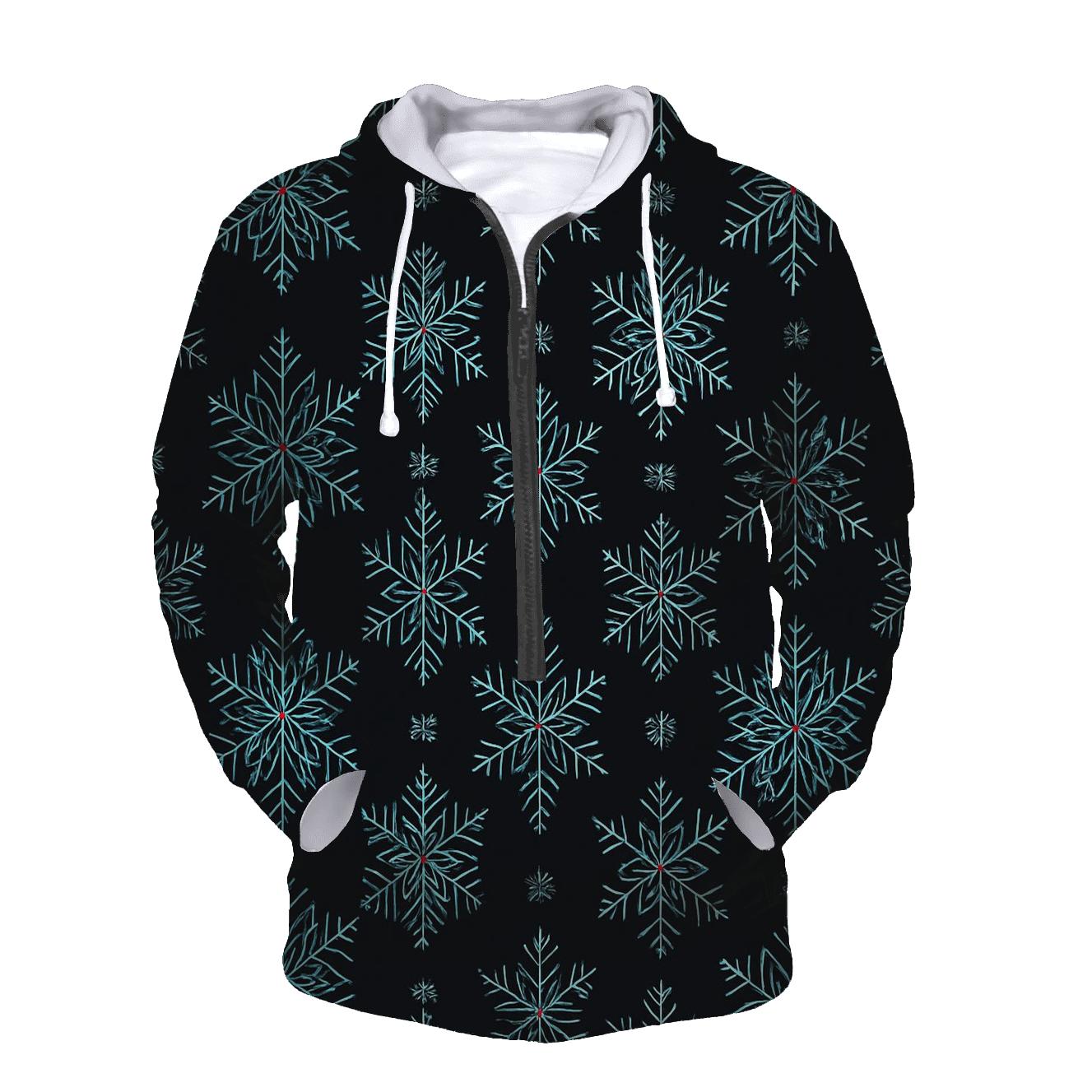 Icy Snowflake Geometry Grid On Black Background lightweight hoodies