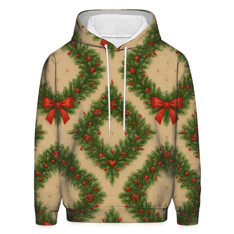 Holiday Wreath Rosette Tessellation On Warm Beige Background embroidered hoodies