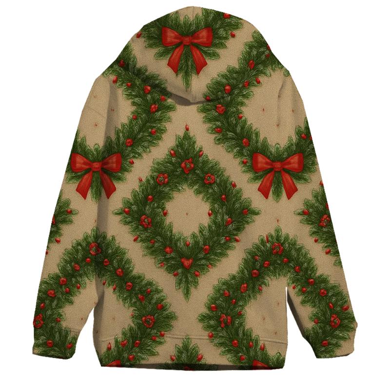 Holiday Wreath Rosette Tessellation On Warm Beige Background embroidered hoodies