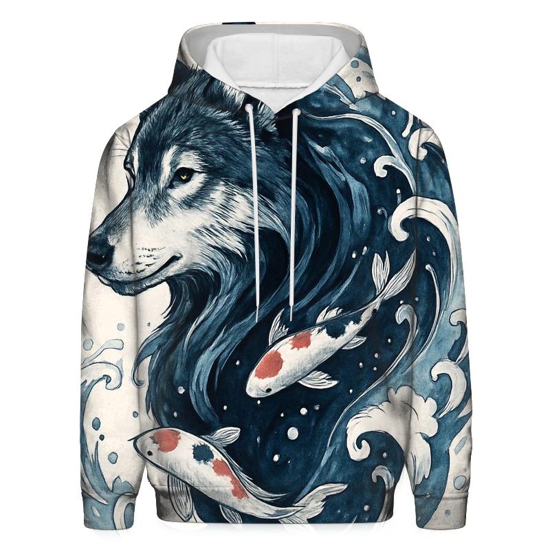 Ink Tide Koi Wolf Hybrid embroidered hoodies