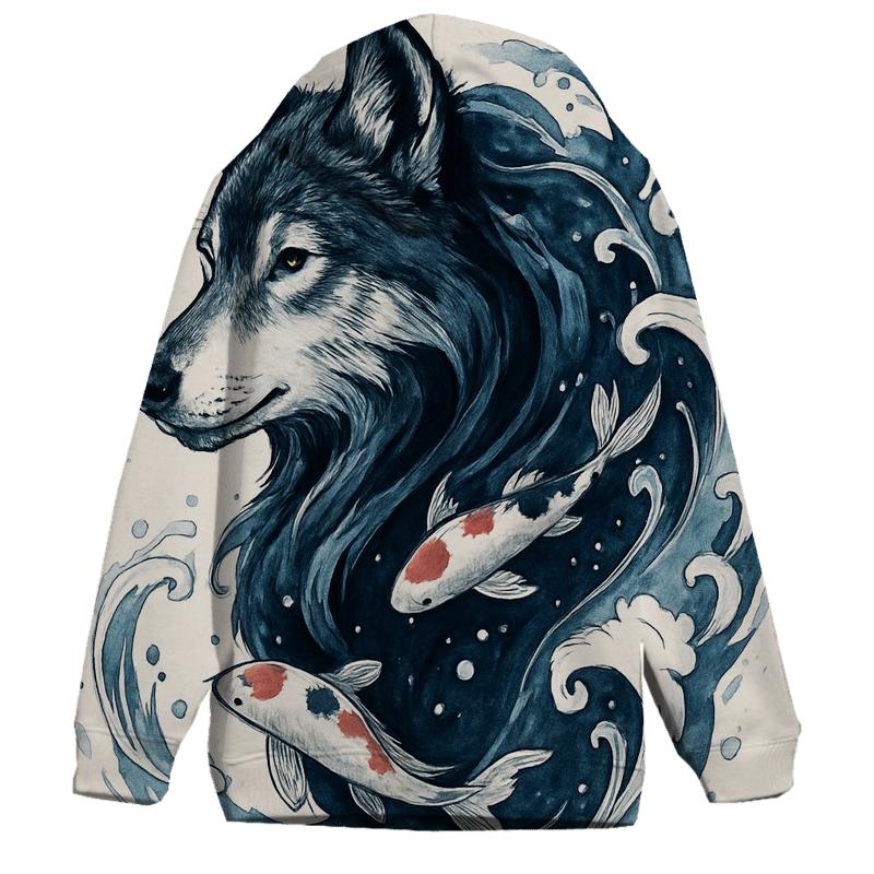 Ink Tide Koi Wolf Hybrid embroidered hoodies