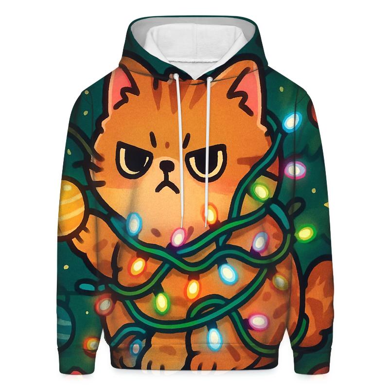 Christmas Cat Tangled In Lights graphic hoodies