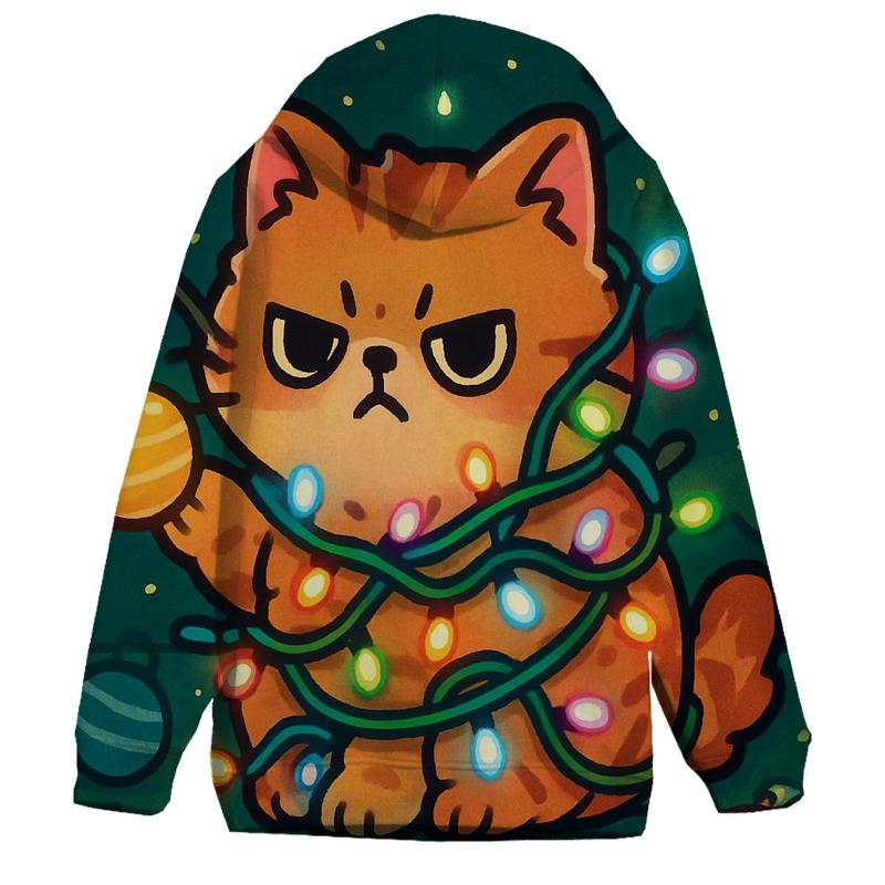 Christmas Cat Tangled In Lights graphic hoodies