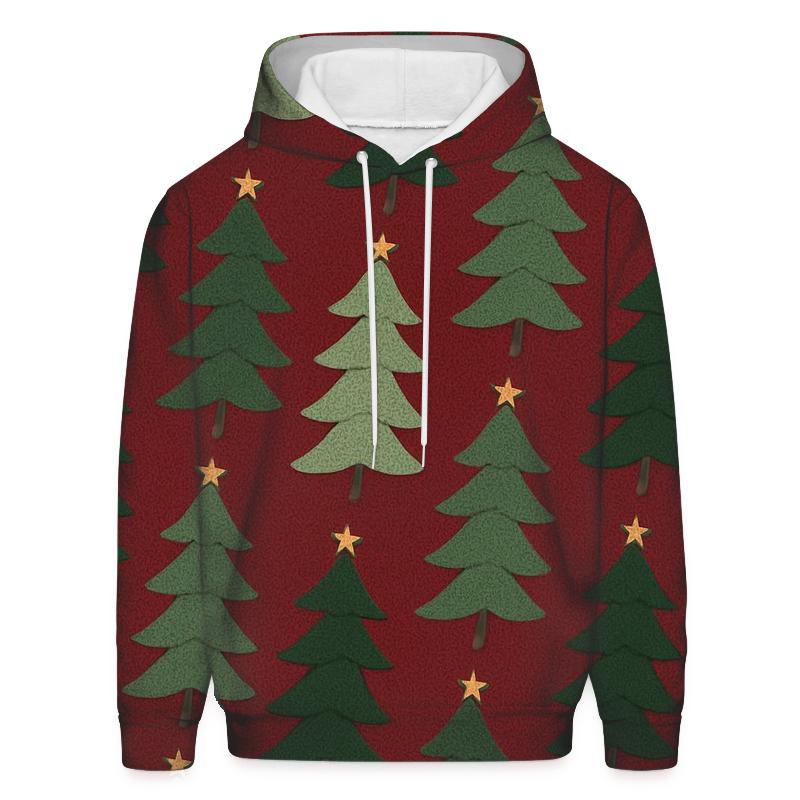 Evergreen Tree Diagonal Stripe Repeat On Deep Red Background embroidered hoodies