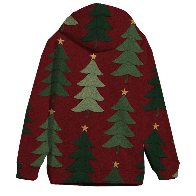 Evergreen Tree Diagonal Stripe Repeat On Deep Red Background embroidered hoodies