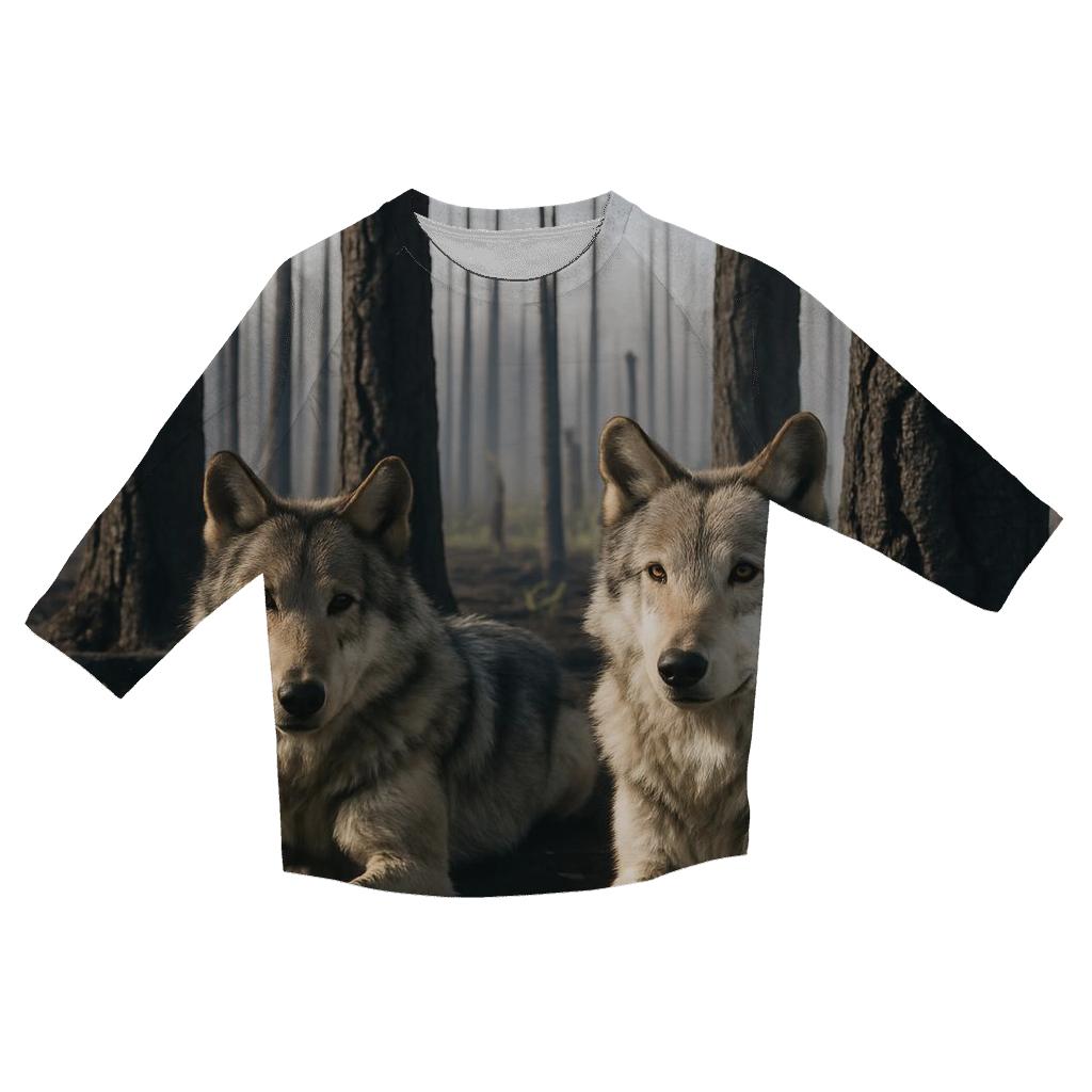 Wolves Resting In A Burn Scar Forest One Year After Wildfire printed three quarter sleeve shirts