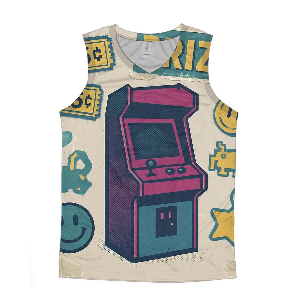 Aged 1980s Arcade Prize Counter Sticker Collage sports performance tank tops