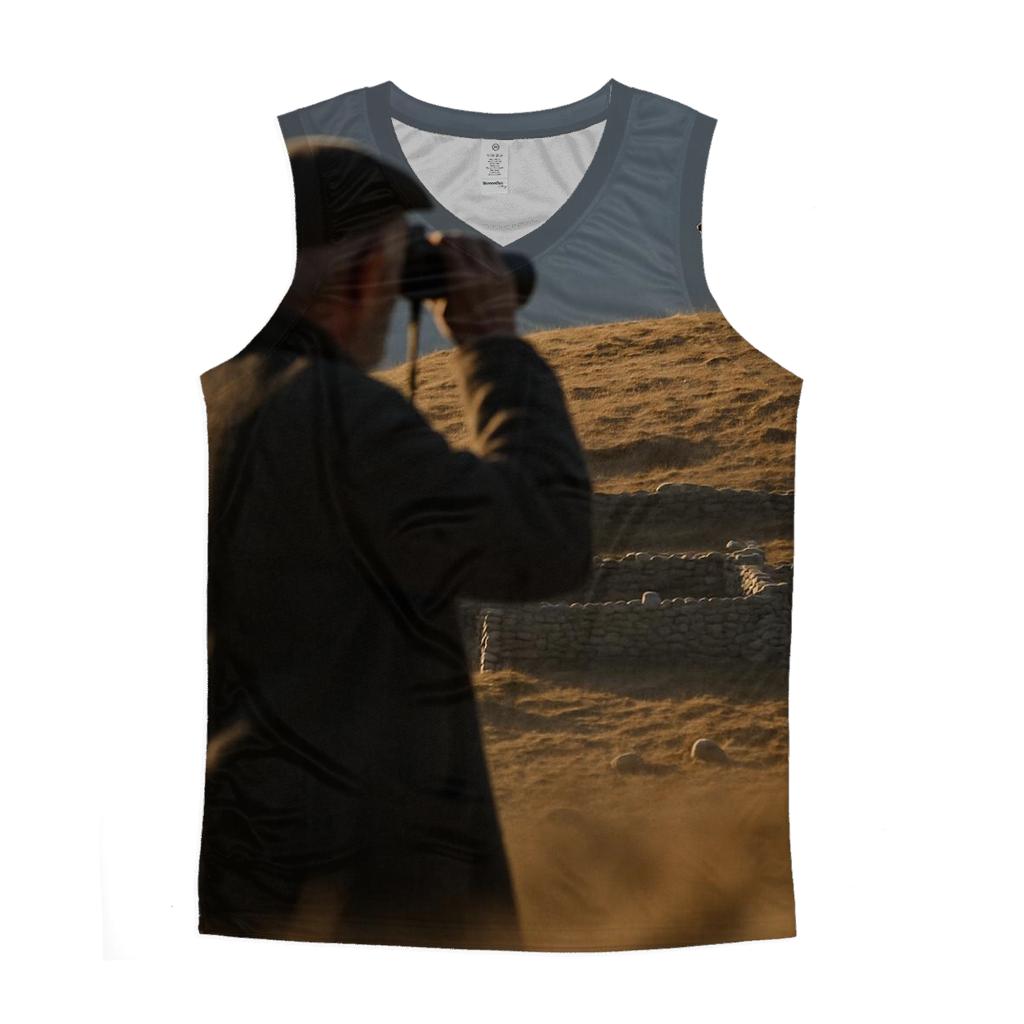 Elderly Shepherd Watching A Wolf At A Distant Ridge graphic print tank tops