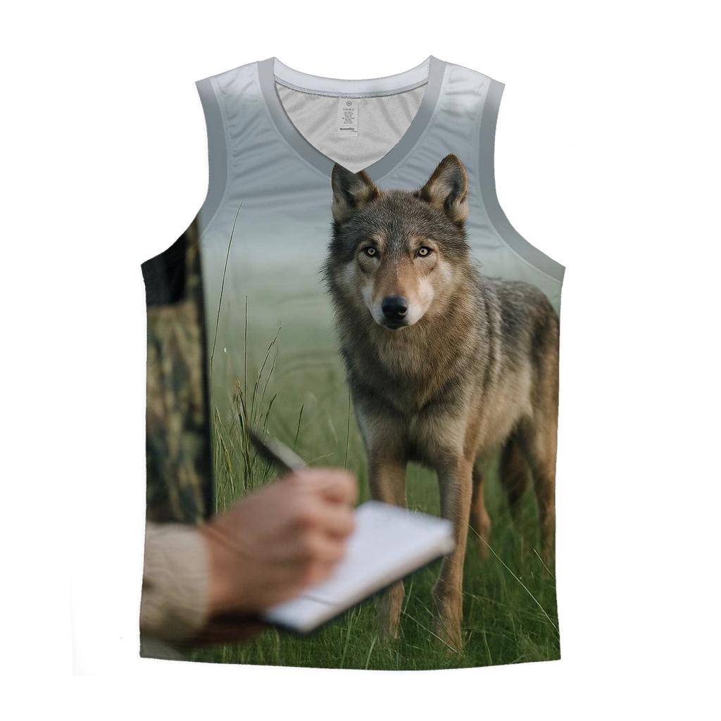Wolf Observed By Biologists From A Hidden Blind graphic print tank tops