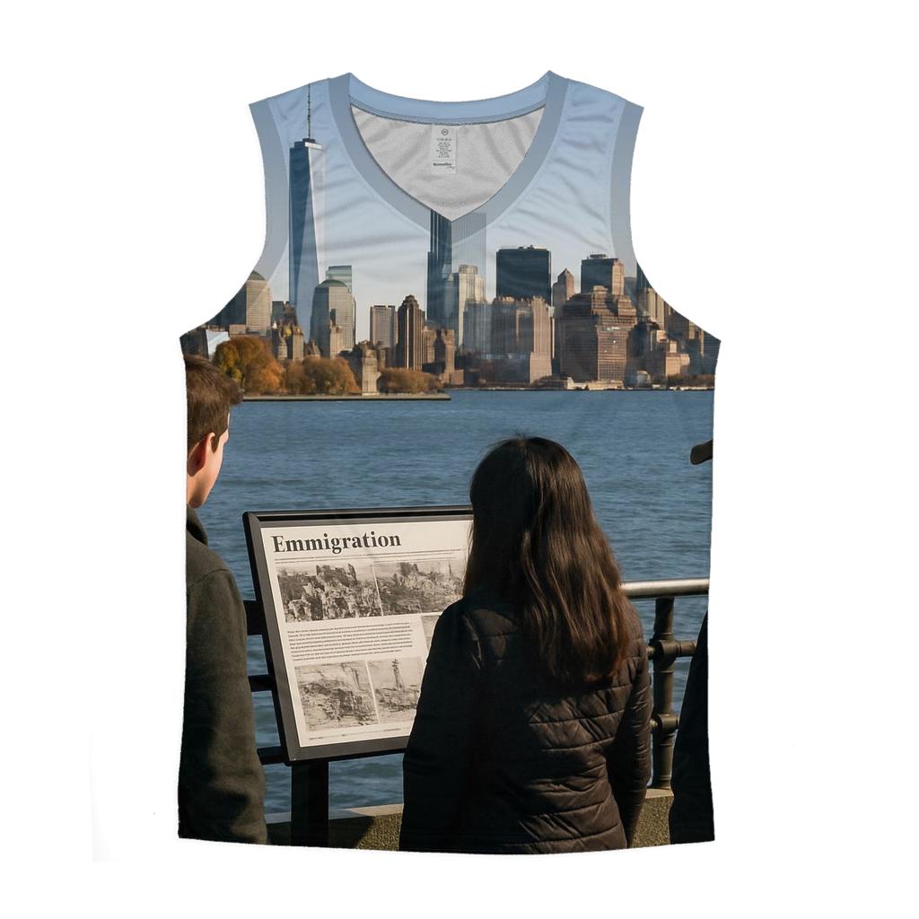 Liberty State Park View With Ellis Island History Signage trendy fitted tank tops