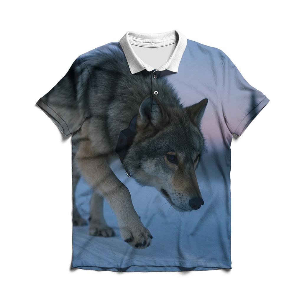Radio Collared Wolf Crossing A Winter Pipeline Cutline personalized polo shirts