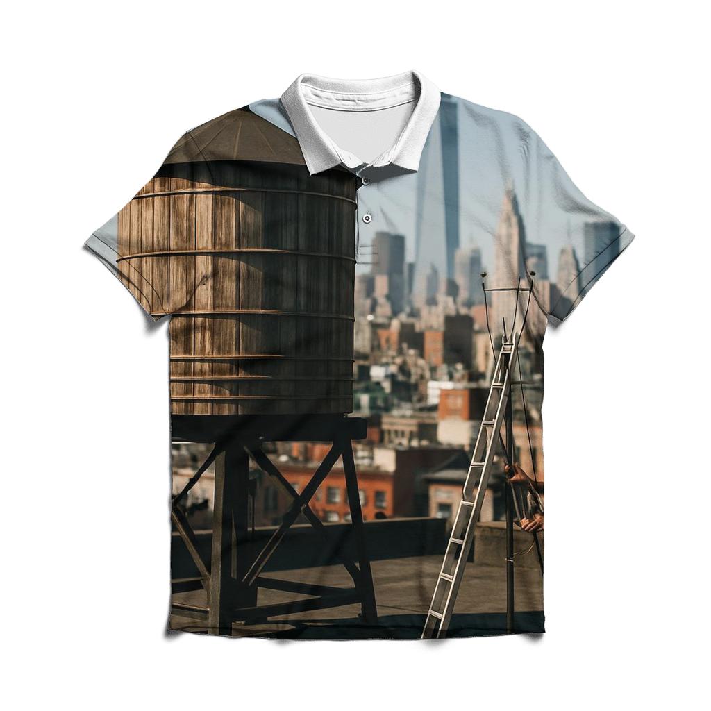 Chinatown Rooftop Water Tower With Downtown In Distance embroidered polo tops