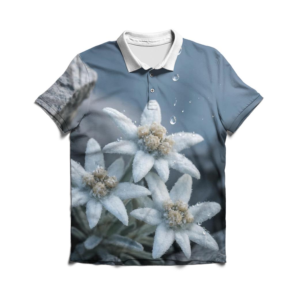 Edelweiss Cluster Under A Glacier Melt Drip premium cotton polo shirts