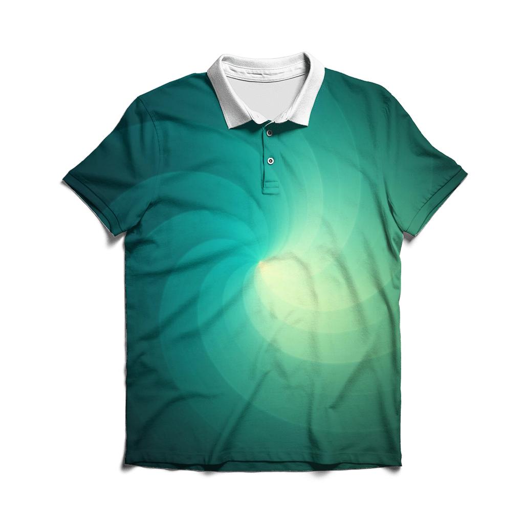 Orbiting Teal Dawn Spiral custom polo shirts