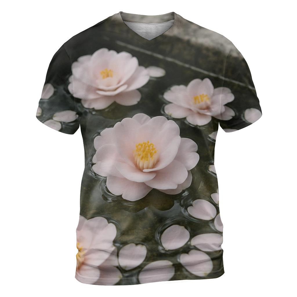 Camellia Petals Floating In A Temple Basin artistic all-over print tops
