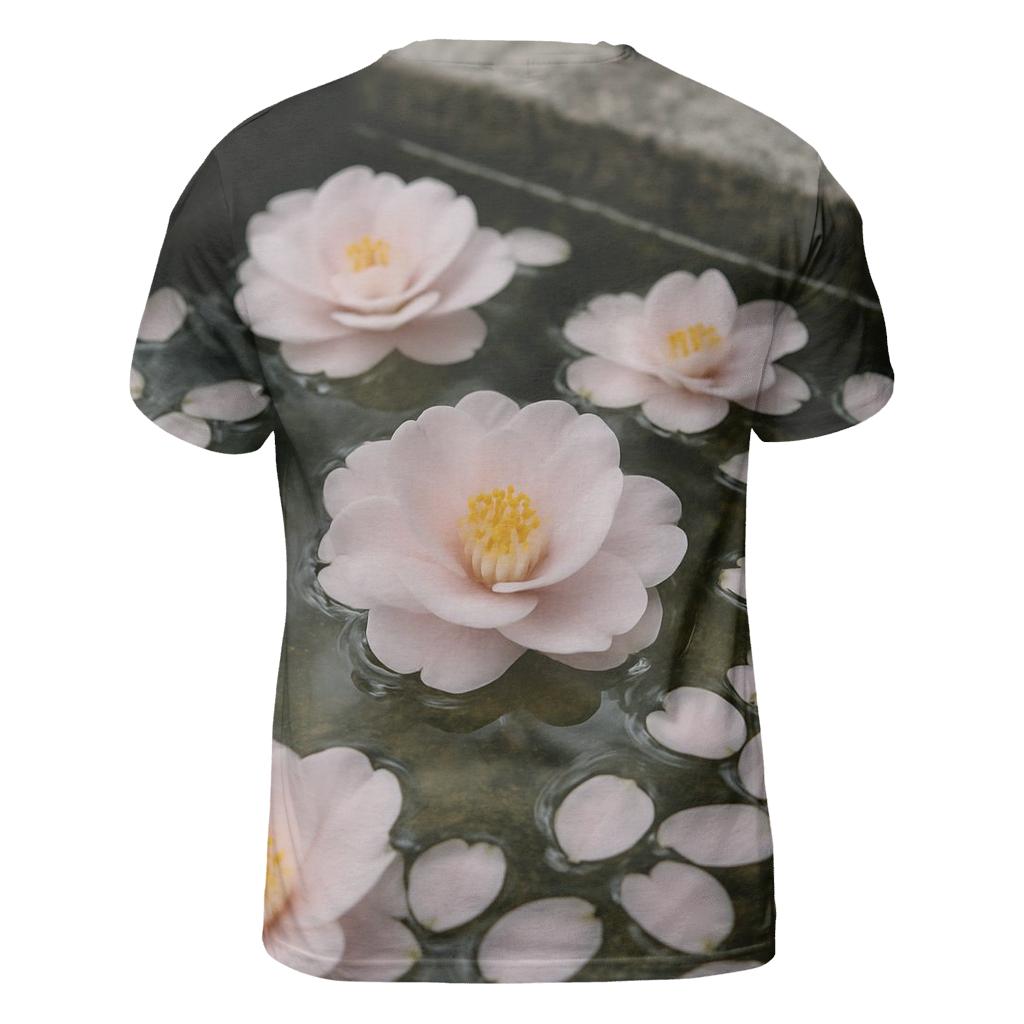 Camellia Petals Floating In A Temple Basin artistic all-over print tops