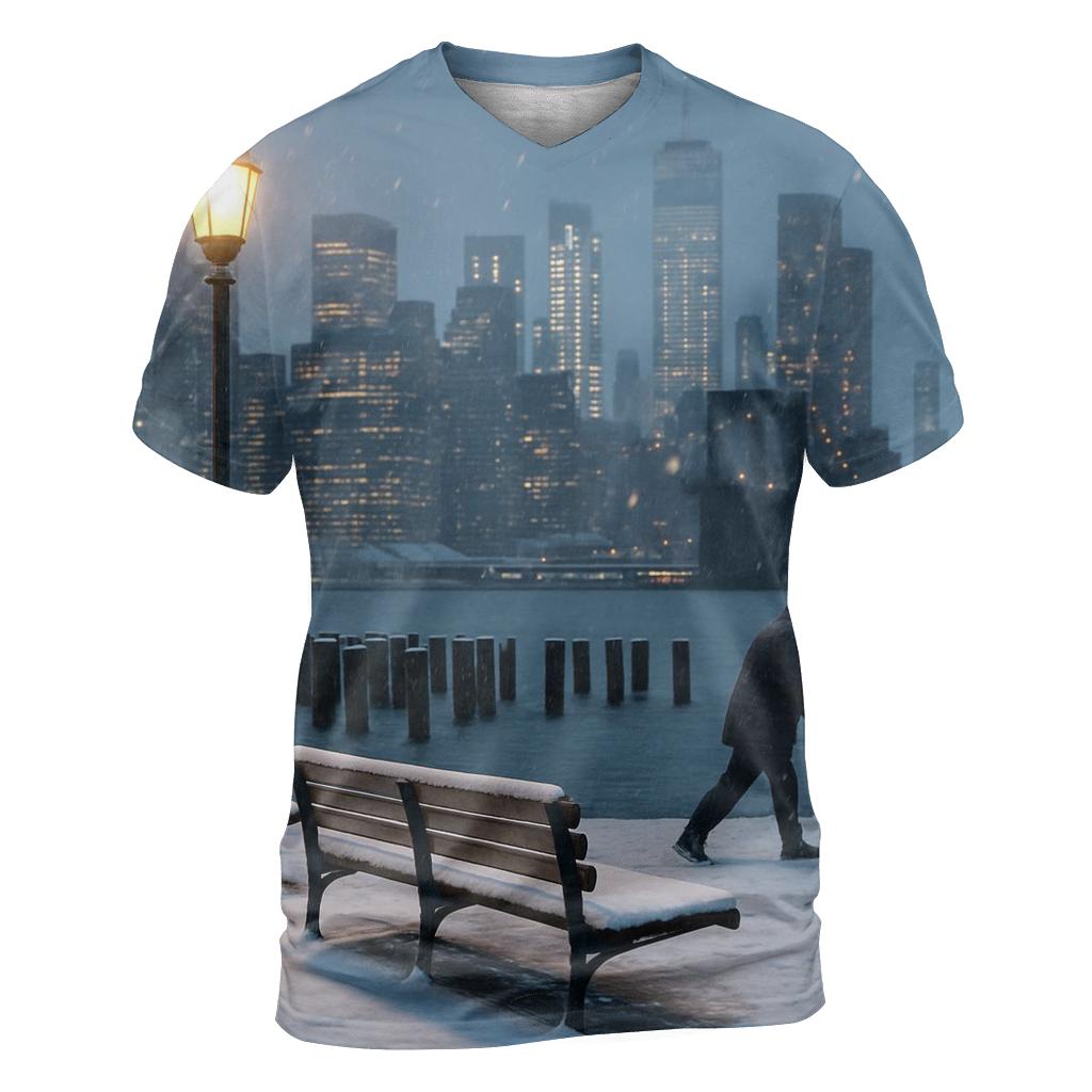 Snowfall Quiet At Brooklyn Bridge Park Skyline View statement graphic shirts