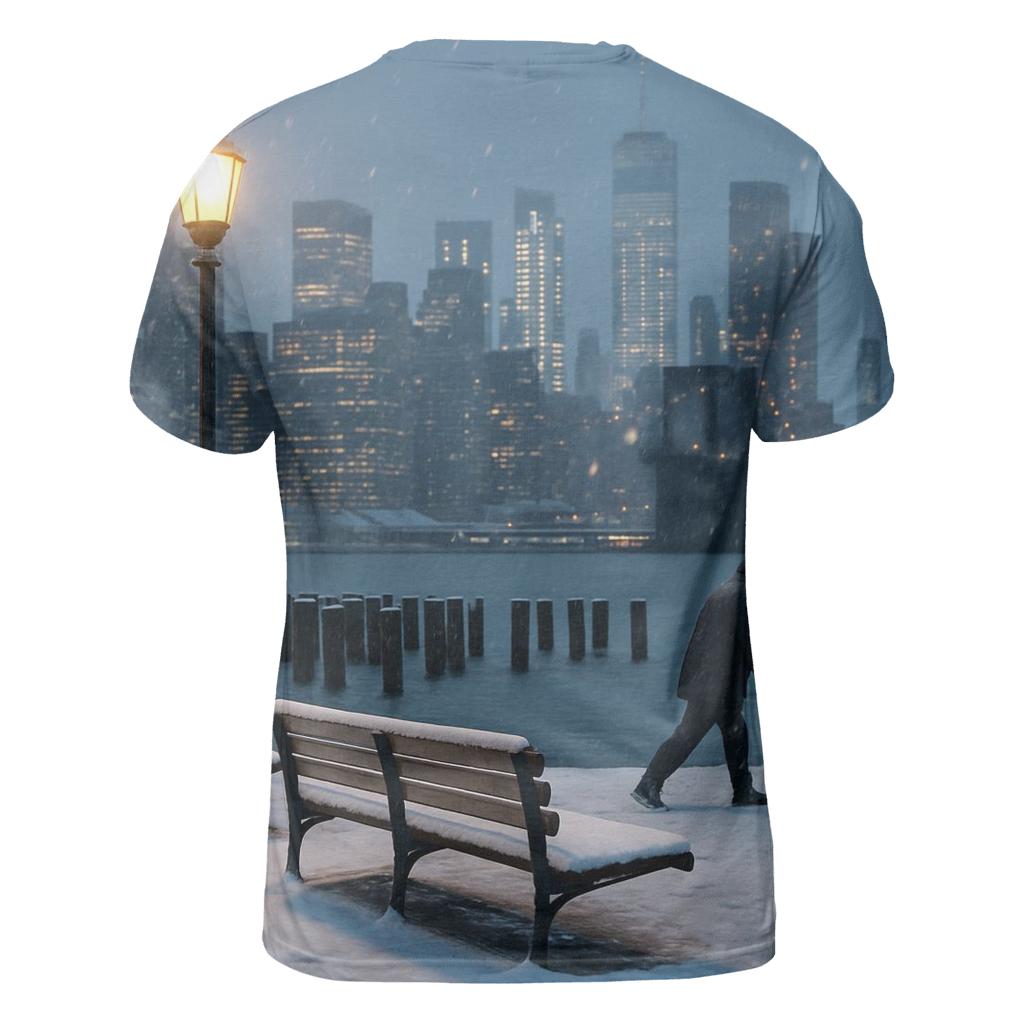 Snowfall Quiet At Brooklyn Bridge Park Skyline View statement graphic shirts